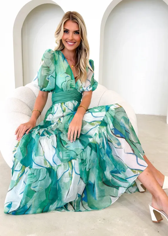 Laylor Maxi Dress - Green Watercolour sold by Gingham & Heels