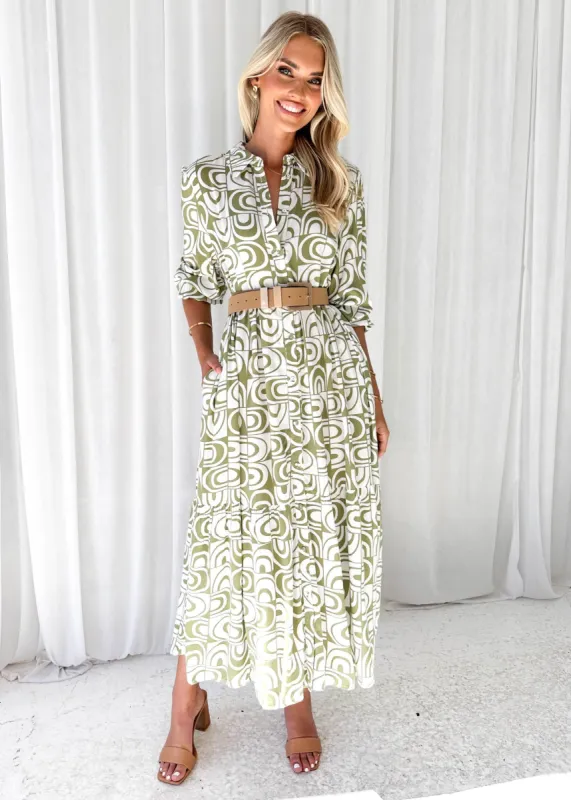 Katay Midi Dress - Olive Abstract sold by Gingham & Heels