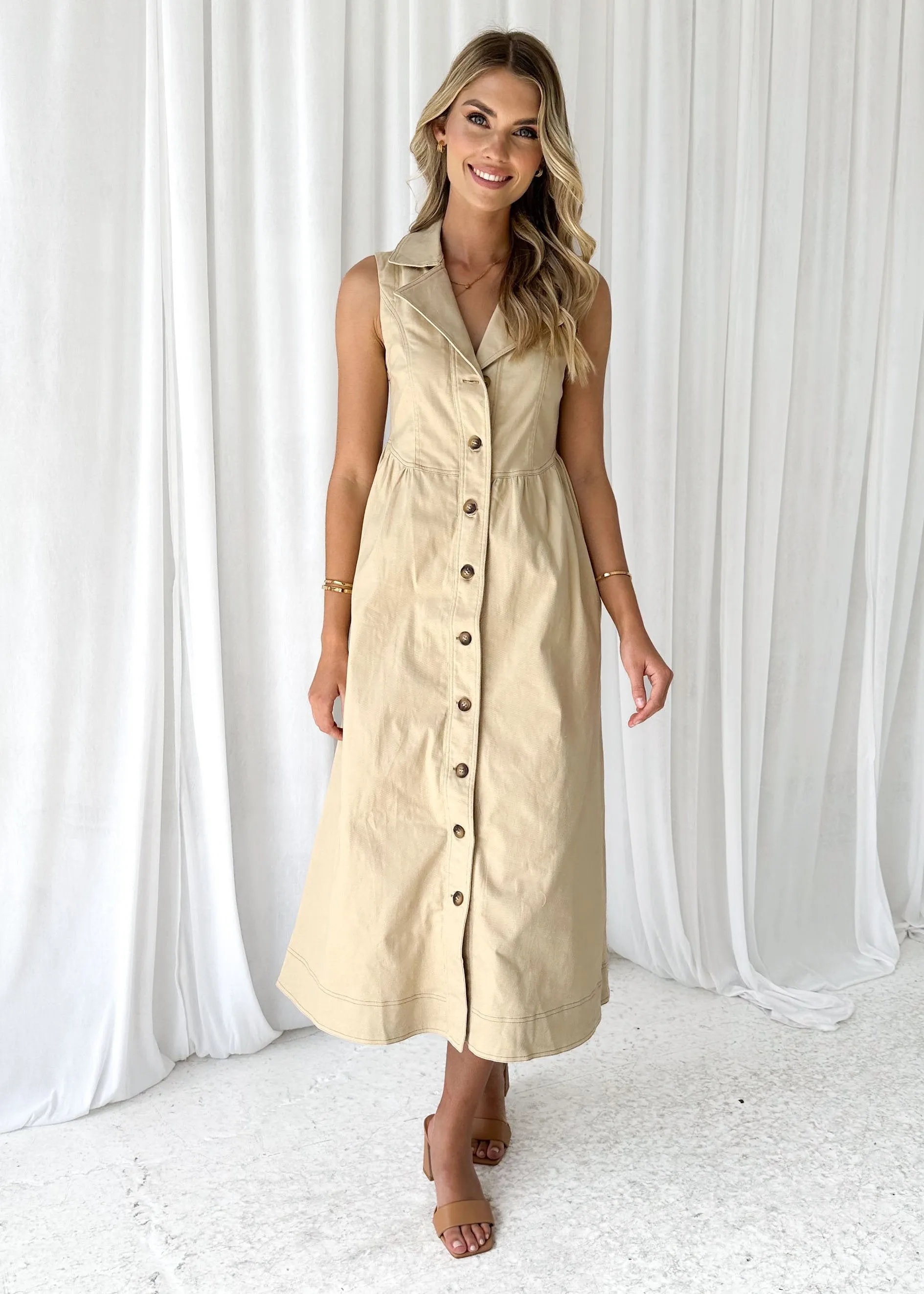 Furger Stretch Denim Midi Dress - Beige sold by Gingham & Heels