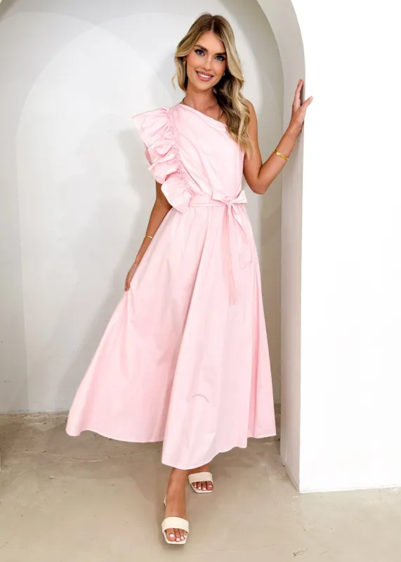 Rowler One Shoulder Midi Dress - Pink sold by Gingham & Heels
