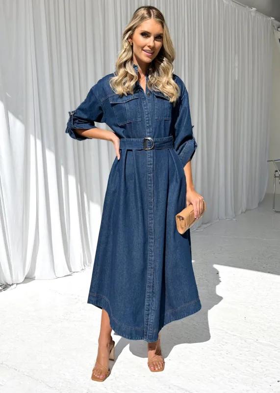 Perrey Denim Midi Dress - Indigo sold by Gingham & Heels