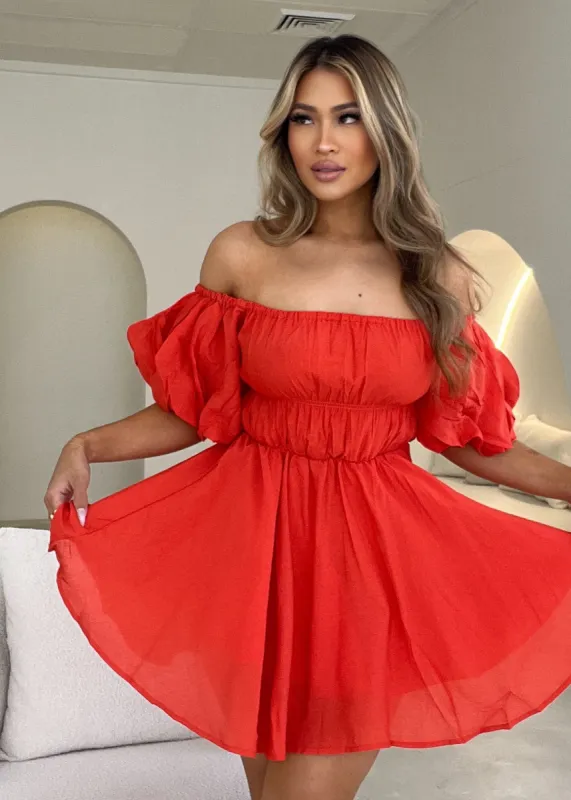 Tami Off Shoulder Dress - Orange sold by Gingham & Heels