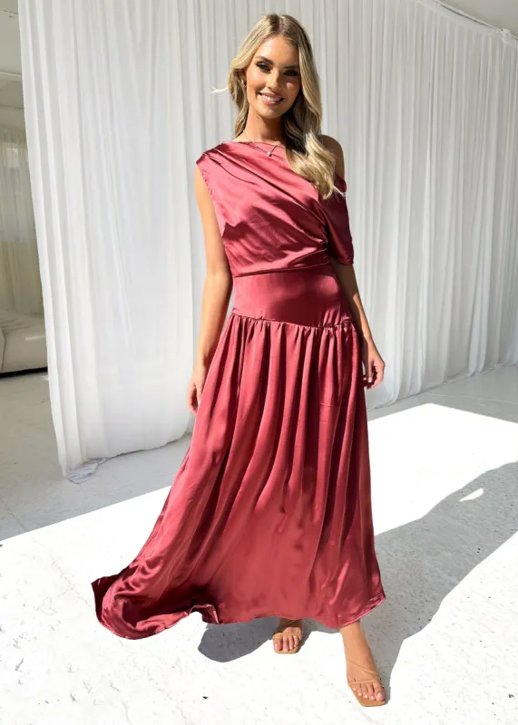 Chiari One Shoulder Maxi Dress - Wine sold by Gingham & Heels