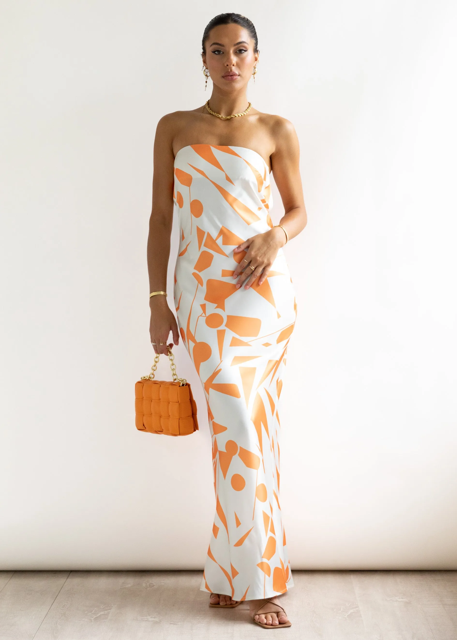 Kaelan Strapless Midi Dress - Orange Geo sold by Gingham & Heels product image thumbnail 3