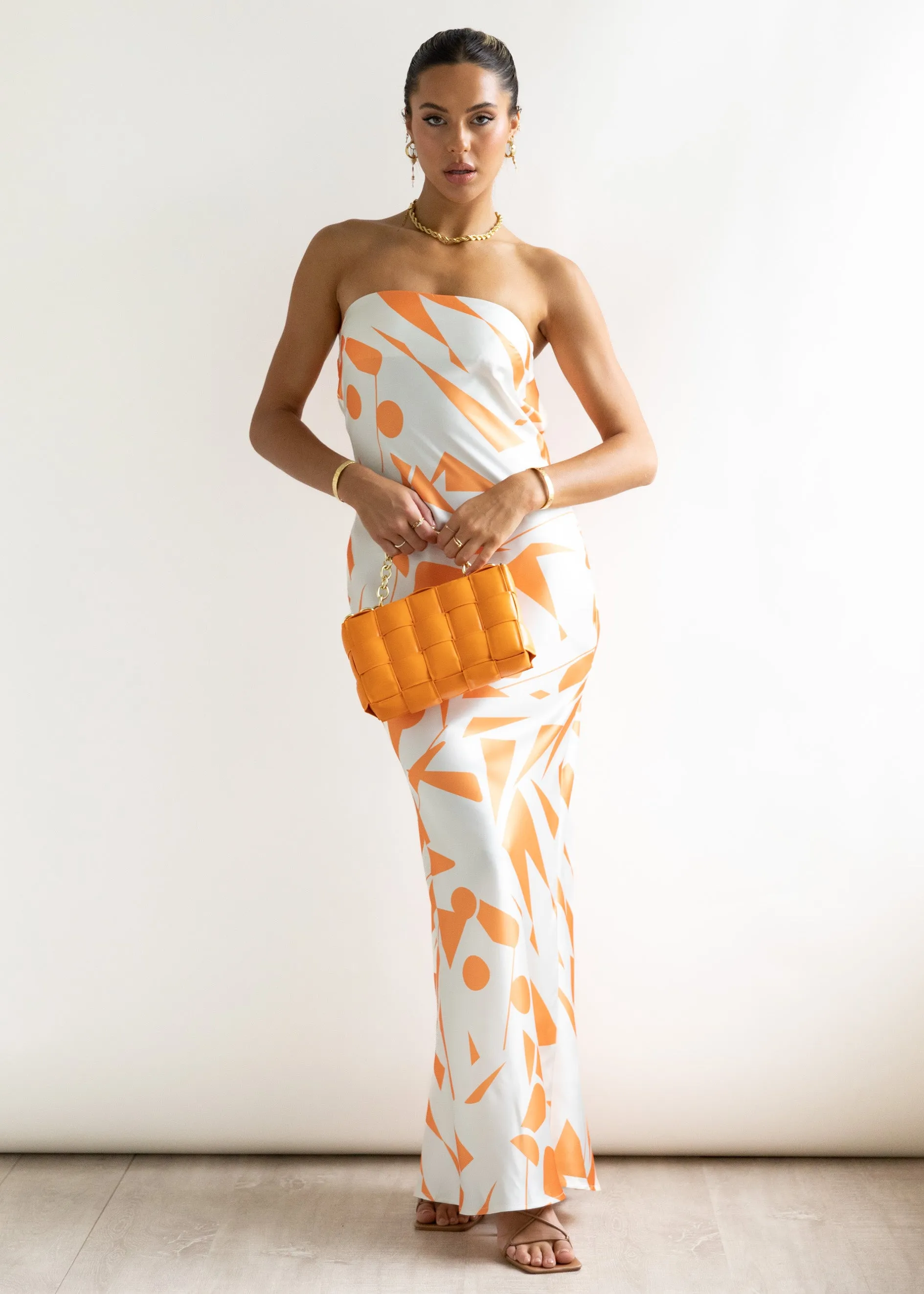 Kaelan Strapless Midi Dress - Orange Geo sold by Gingham & Heels product image thumbnail 4