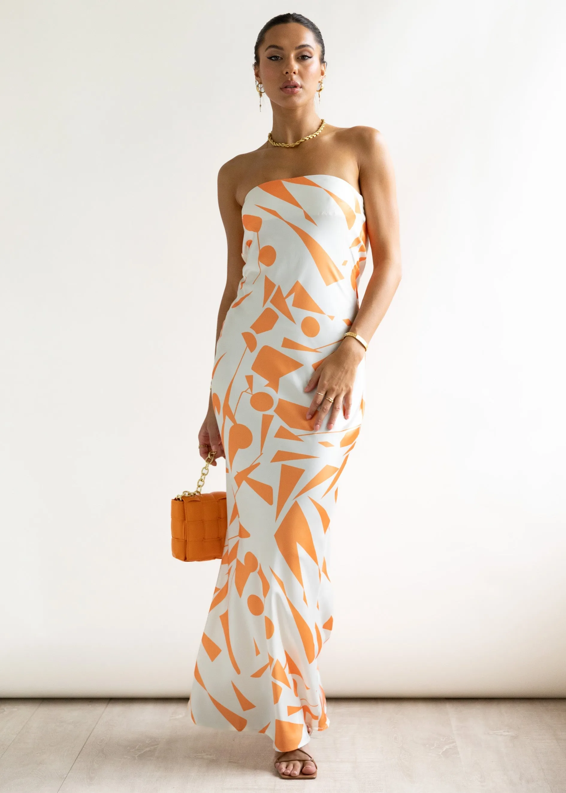 Kaelan Strapless Midi Dress - Orange Geo sold by Gingham & Heels product image thumbnail 5