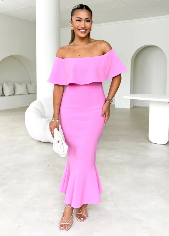 Linnto Off Shoulder Midi Dress - Pink sold by Gingham & Heels