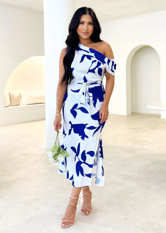 Shaylan One Shoulder Midi Dress - Cobalt Leaf sold by Gingham & Heels