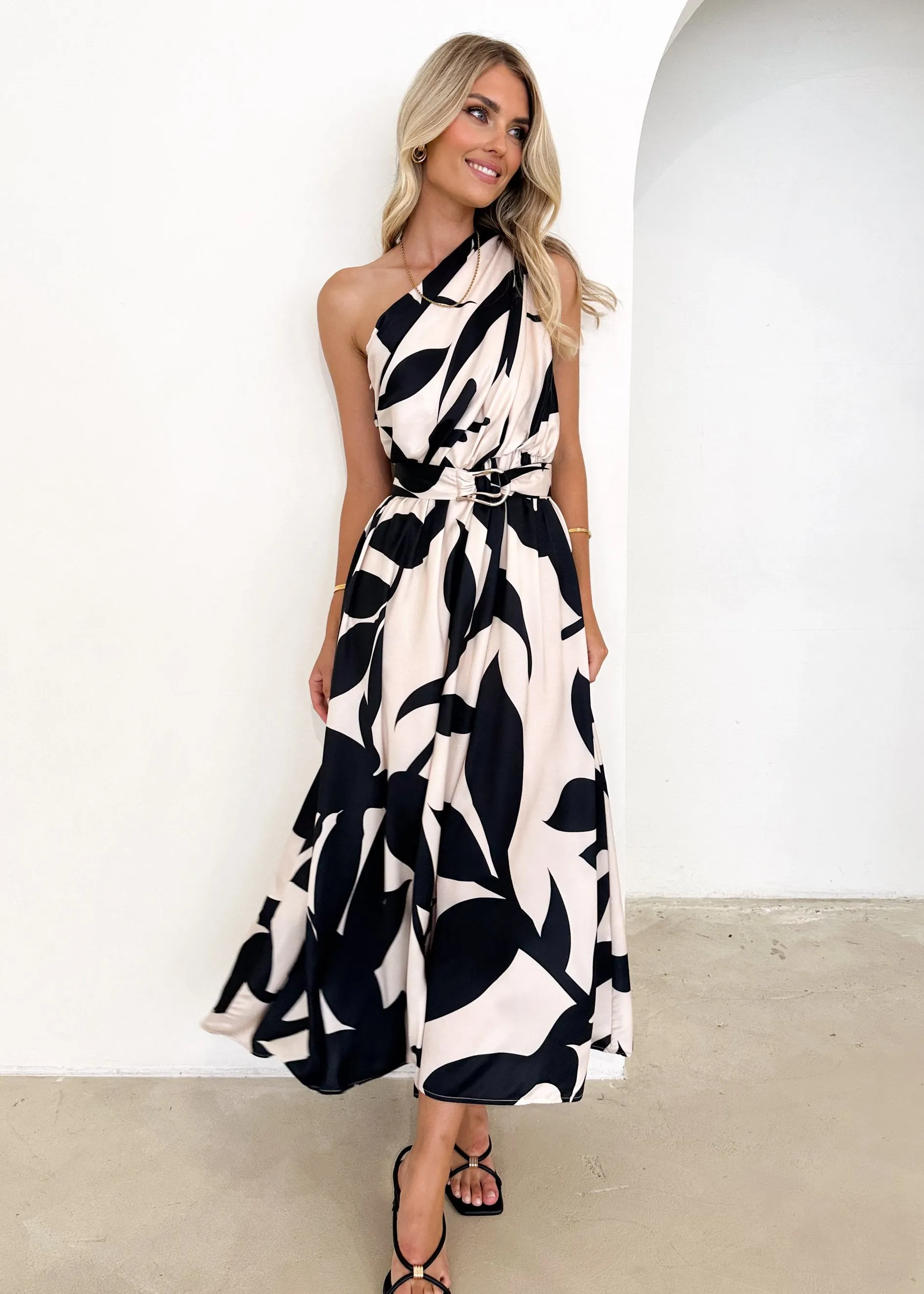 Korah One Shoulder Midi Dress - Beige Leaf sold by Gingham & Heels product image thumbnail 3