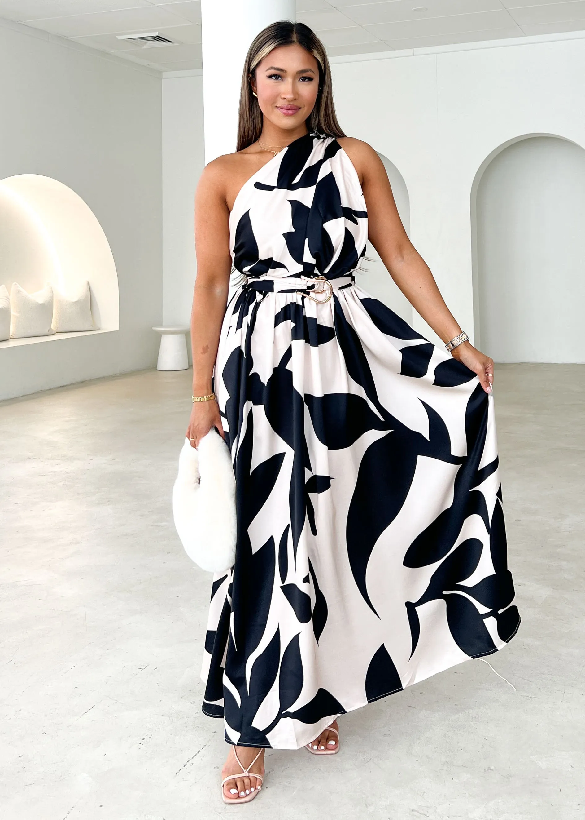 Korah One Shoulder Midi Dress - Beige Leaf sold by Gingham & Heels