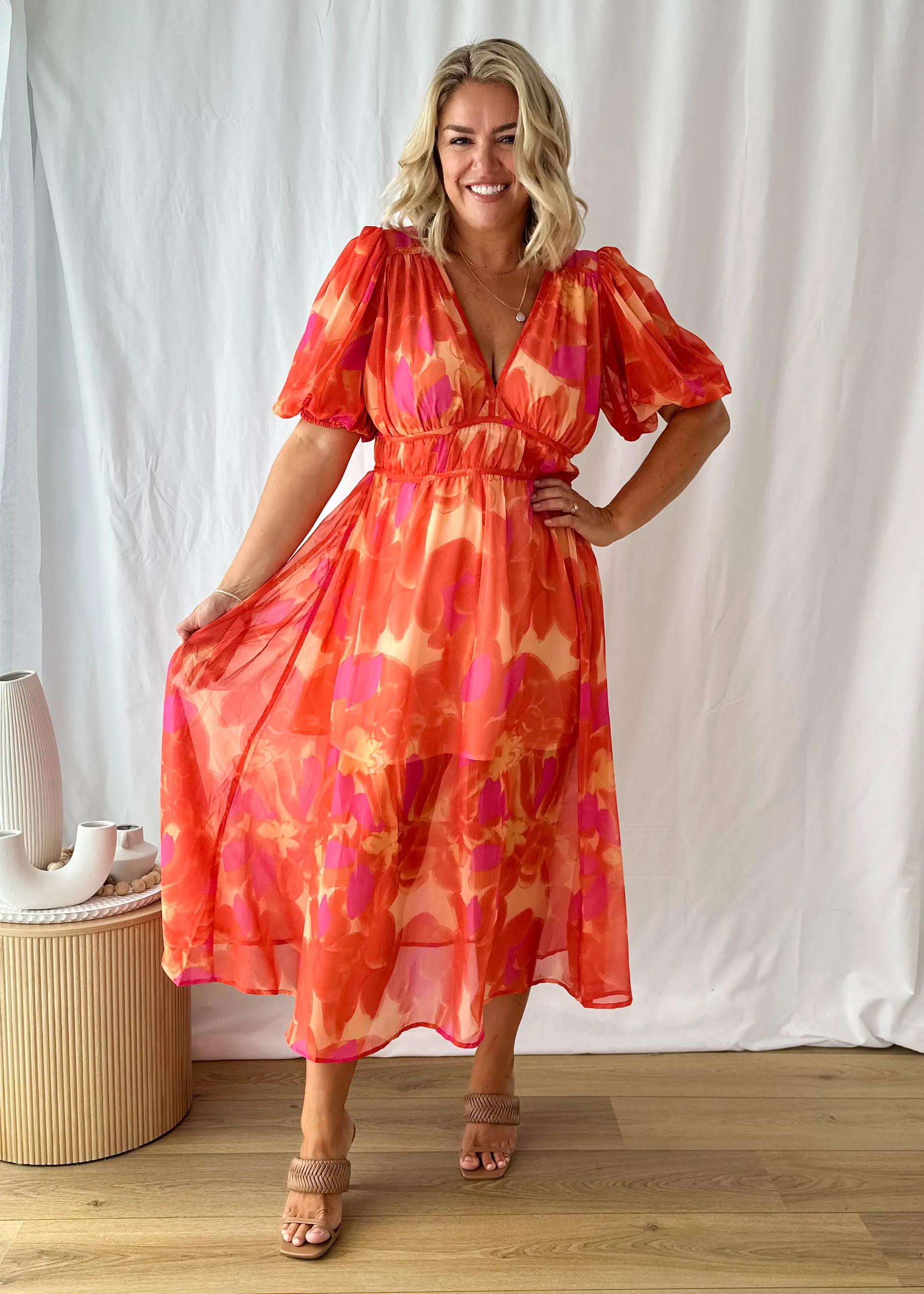 Zanette Midi Dress - Tangerine Floral sold by Gingham & Heels product image thumbnail 2
