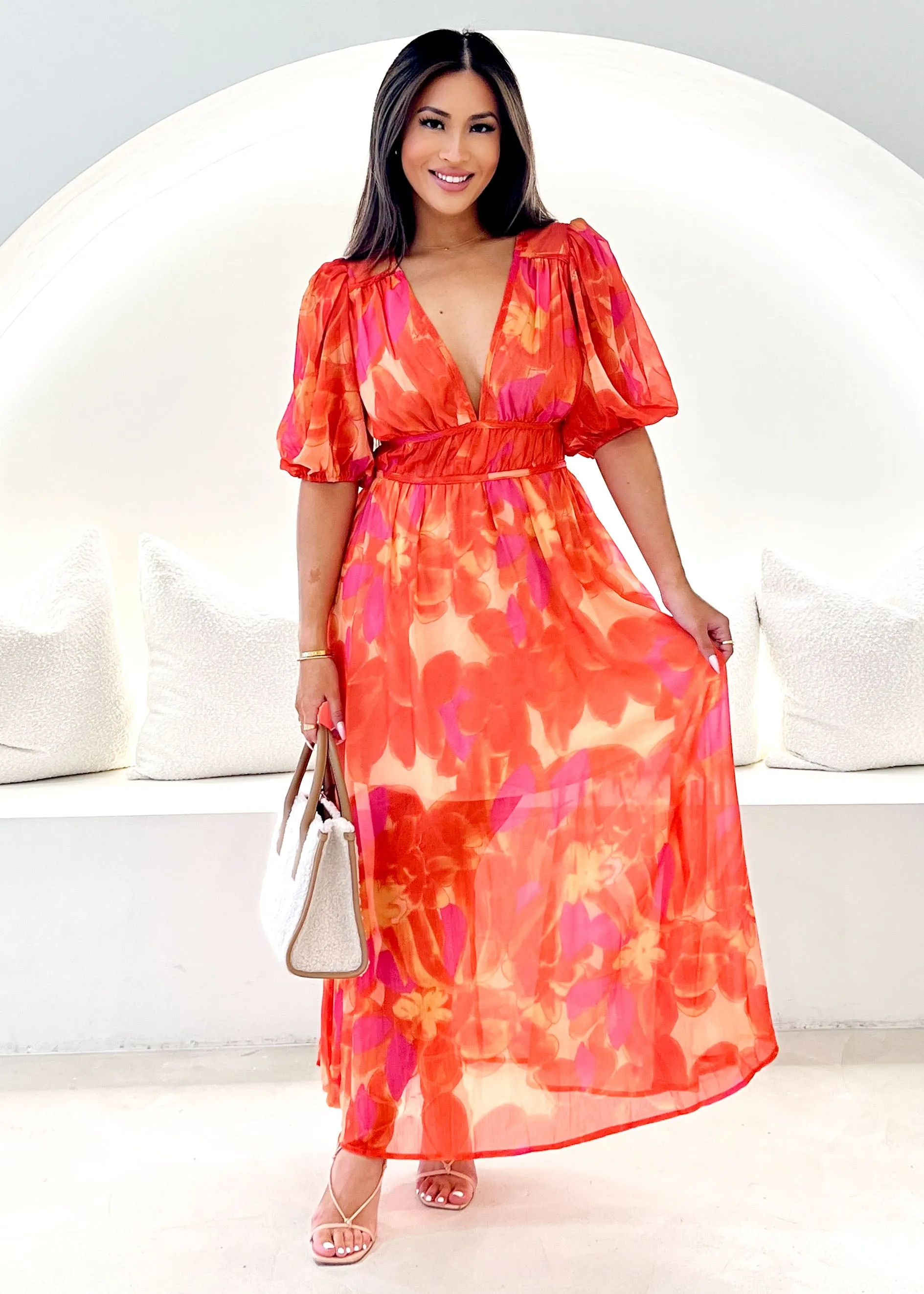 Zanette Midi Dress - Tangerine Floral sold by Gingham & Heels