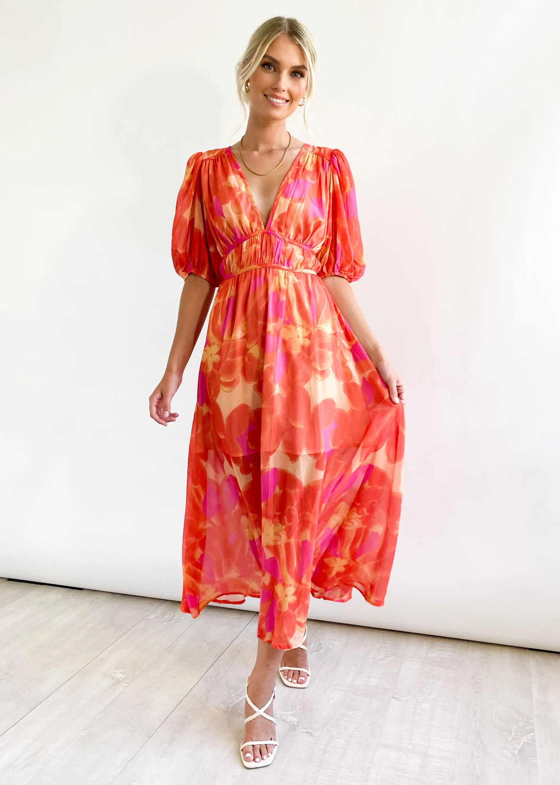 Zanette Midi Dress - Tangerine Floral sold by Gingham & Heels product image thumbnail 3