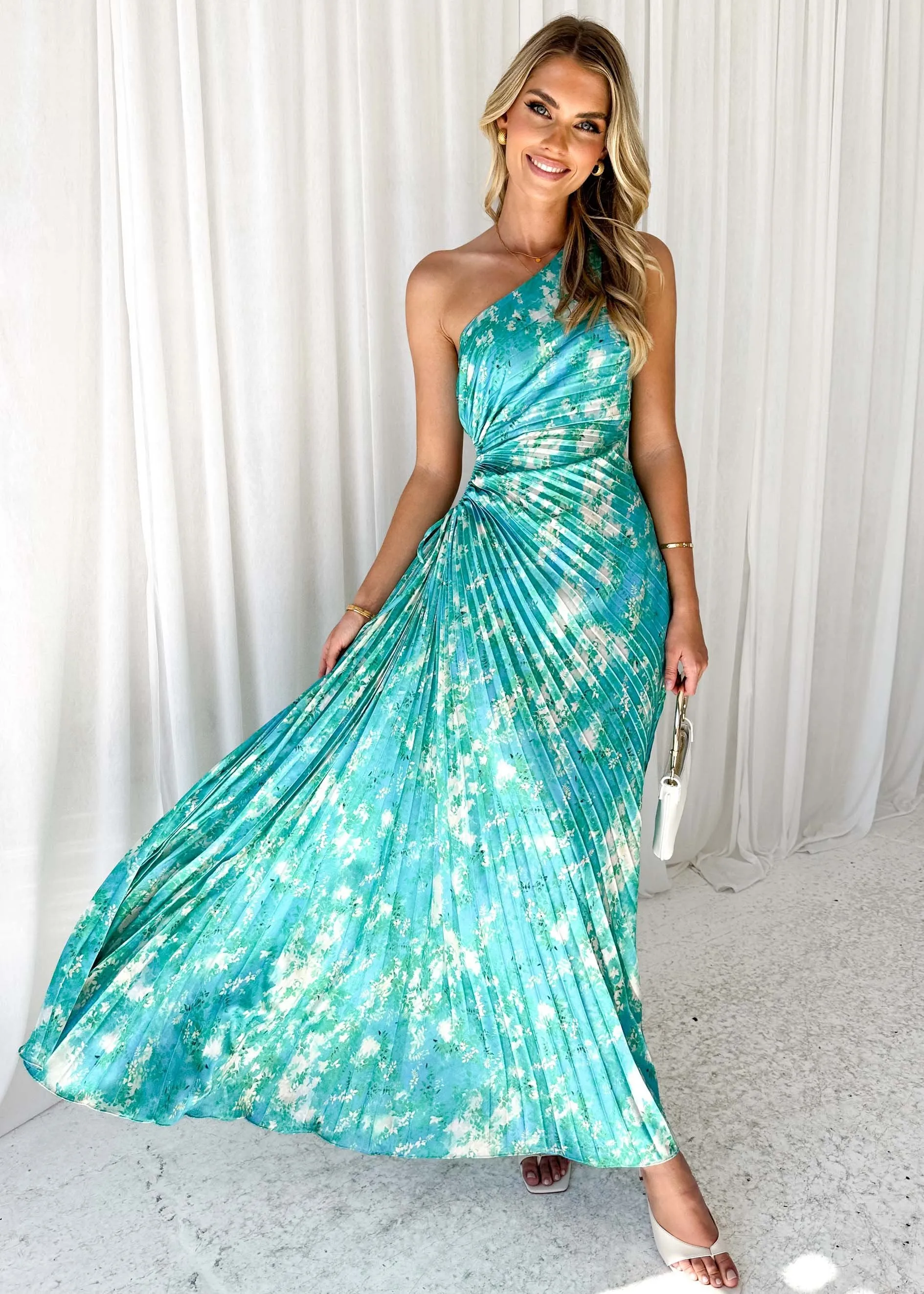 Corinne One Shoulder Midi Dress - Turquoise Watercolour sold by Gingham & Heels product image thumbnail 5