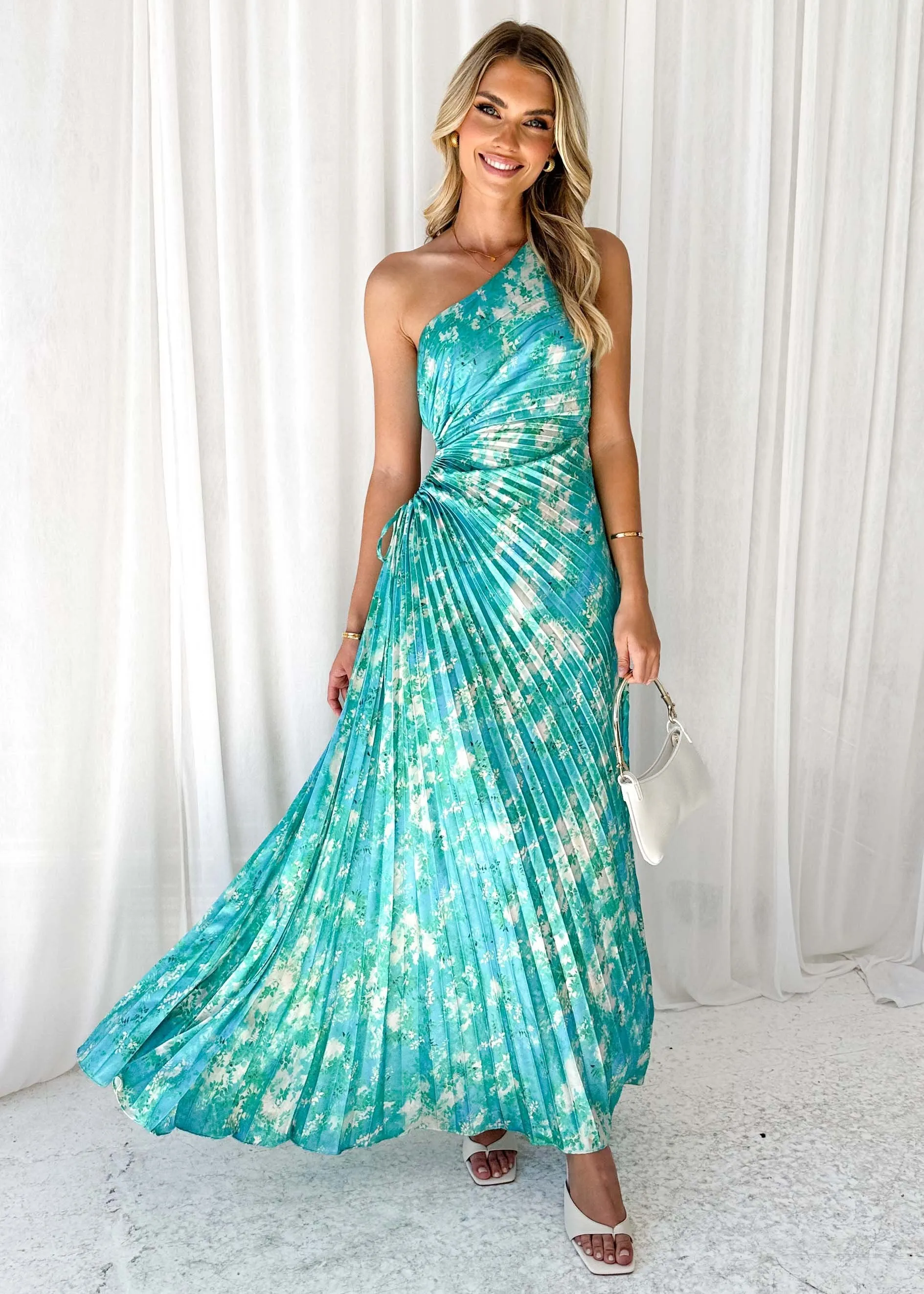 Corinne One Shoulder Midi Dress - Turquoise Watercolour sold by Gingham & Heels product image thumbnail 2