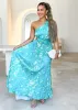 Corinne One Shoulder Midi Dress - Turquoise Watercolour sold by Gingham & Heels