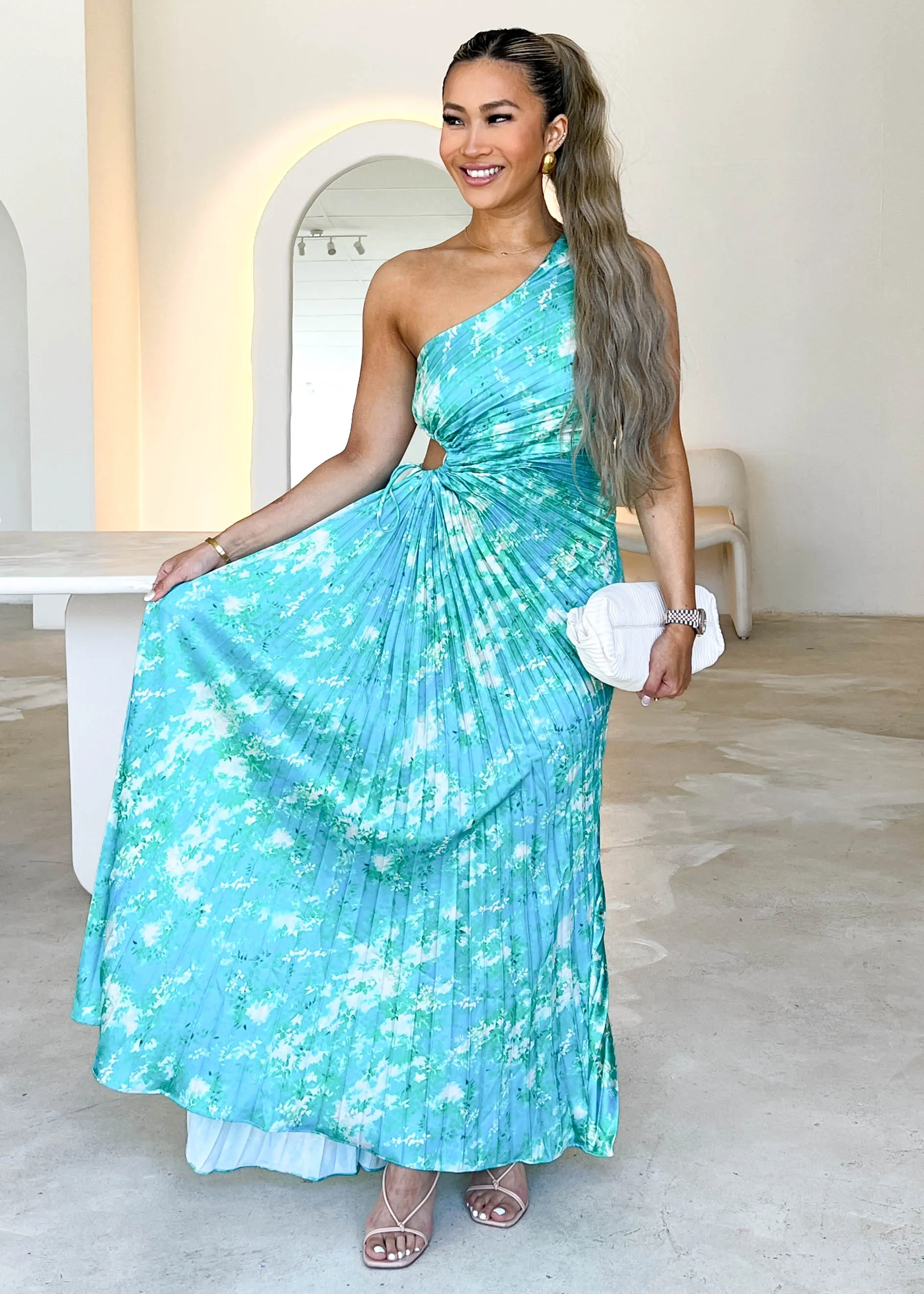 Corinne One Shoulder Midi Dress - Turquoise Watercolour sold by Gingham & Heels