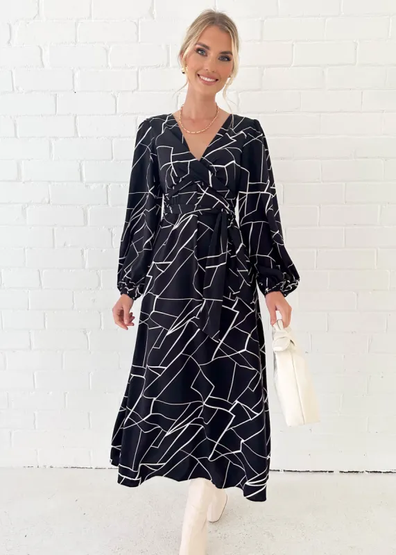 Alirra Midi Dress - Black Abstract sold by Gingham & Heels