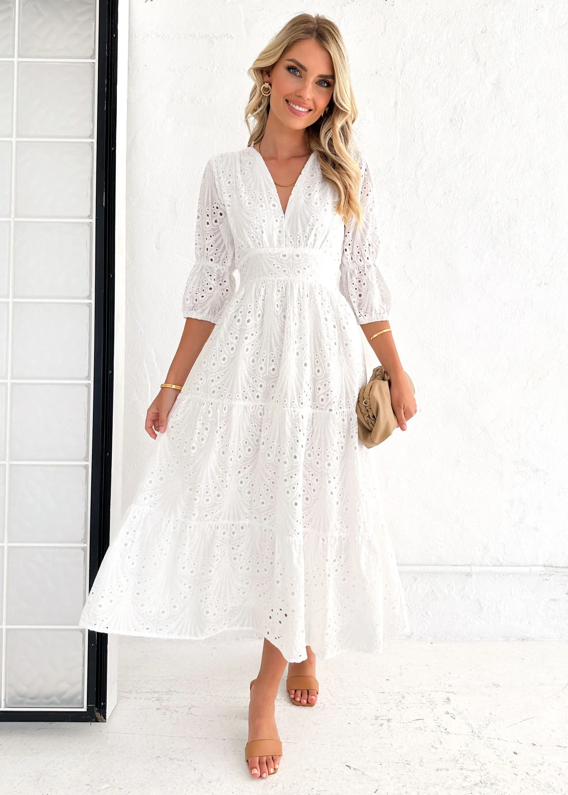 Zinta Midi Dress - White Anglaise sold by Gingham & Heels