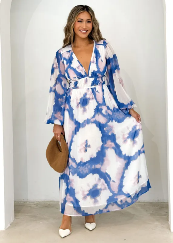 Anniston Maxi Dress - Indigo Watercolour sold by Gingham & Heels