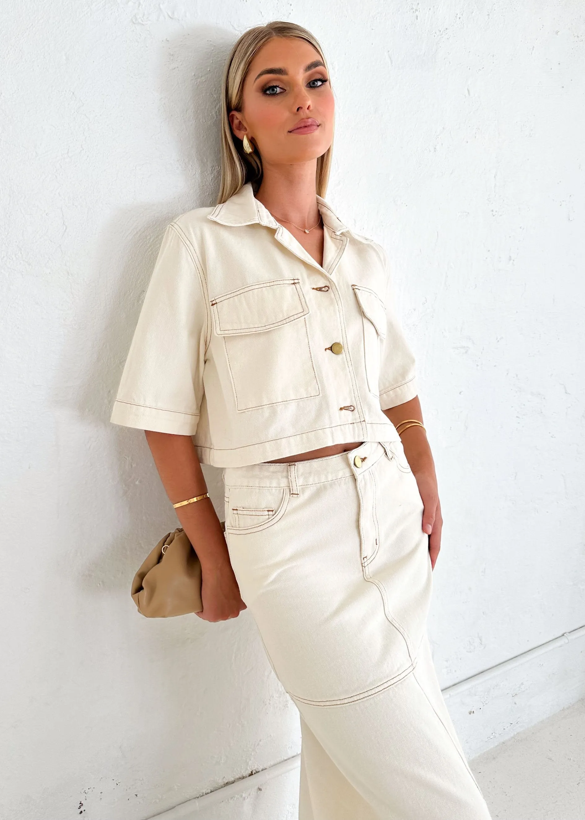 Darcie Cropped Shirt - Sand sold by Gingham & Heels product image thumbnail 4