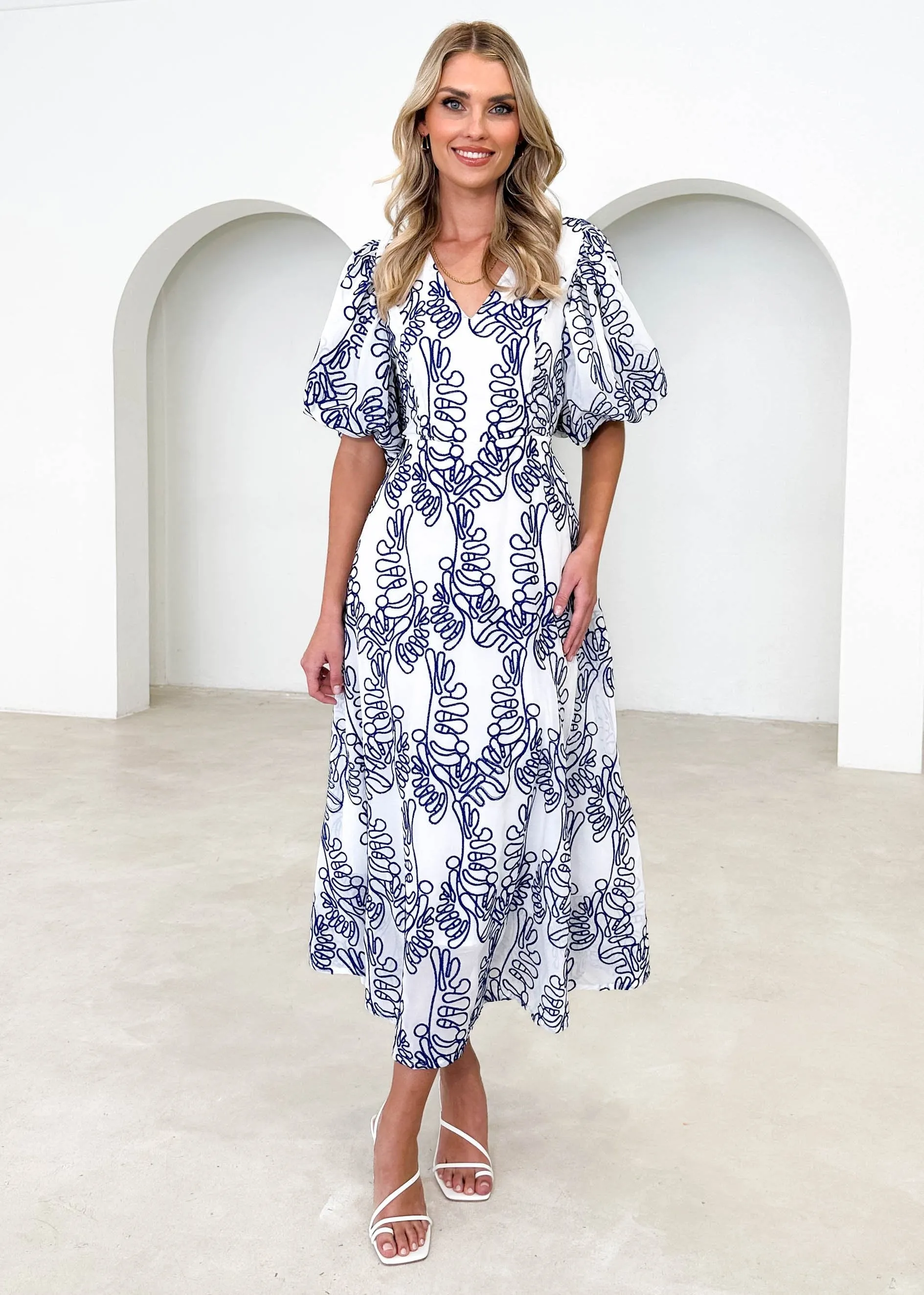 Ninetta Midi Dress - Blue Embroidered sold by Gingham & Heels product image thumbnail 4