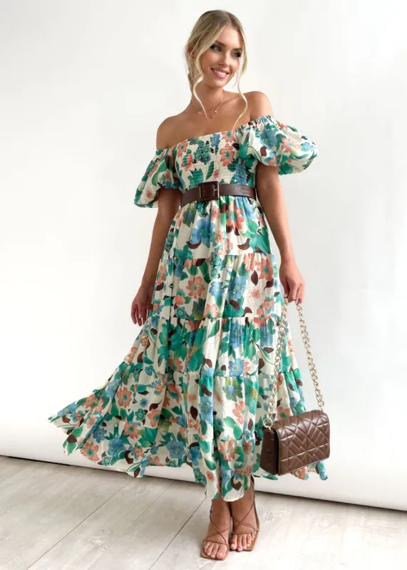 Yamey Off Shoulder Midi Dress - Jade Floral sold by Gingham & Heels