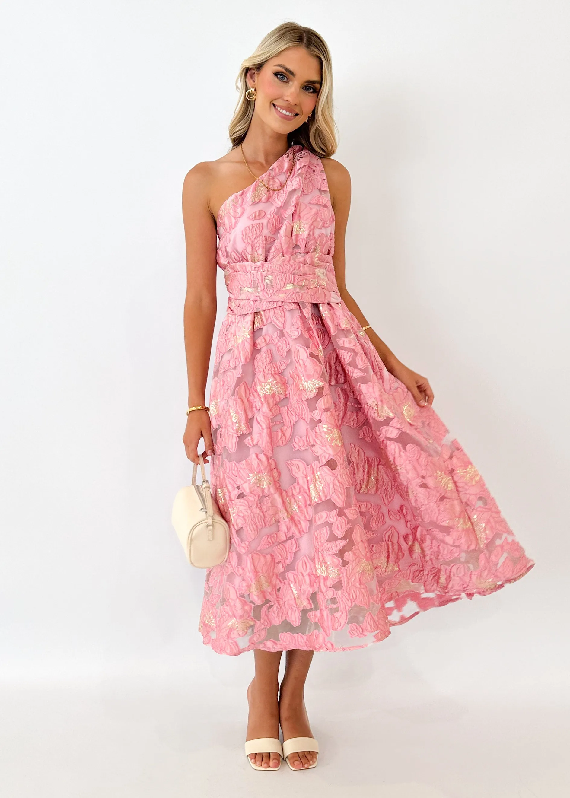 Gellina One Shoulder Midi Dress - Candy Pink Jacquard sold by Gingham & Heels