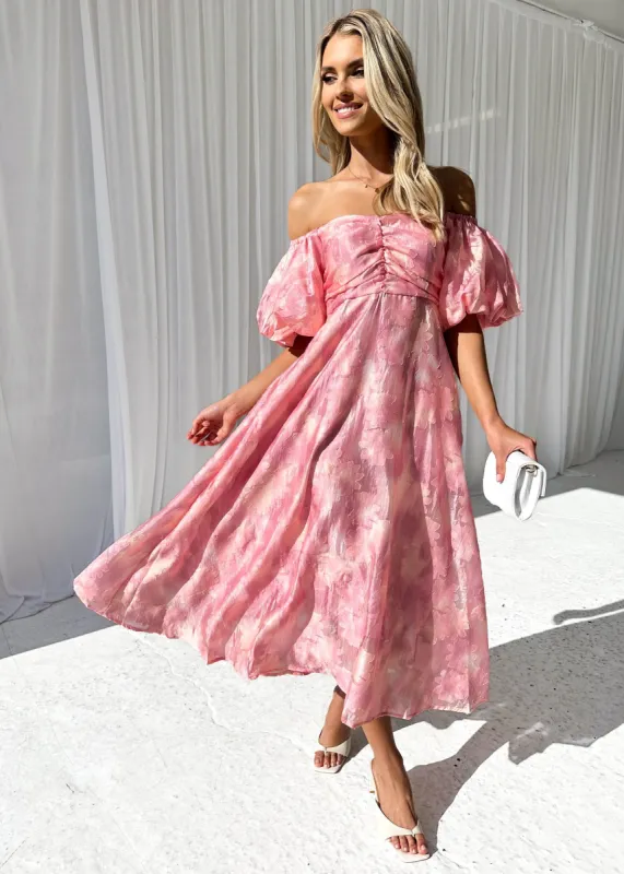 Shira Off Shoulder Midi Dress - Peach sold by Gingham & Heels