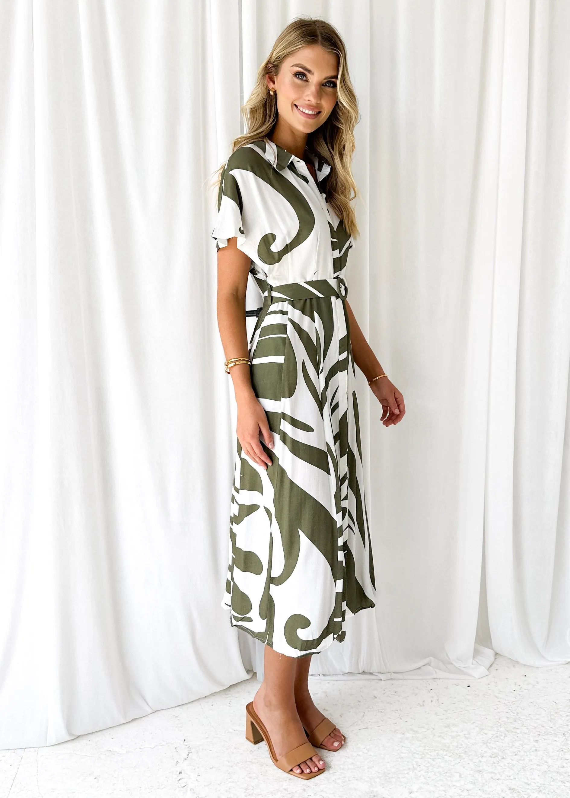 Uyer Midi Dress - Khaki Abstract sold by Gingham & Heels product image thumbnail 4
