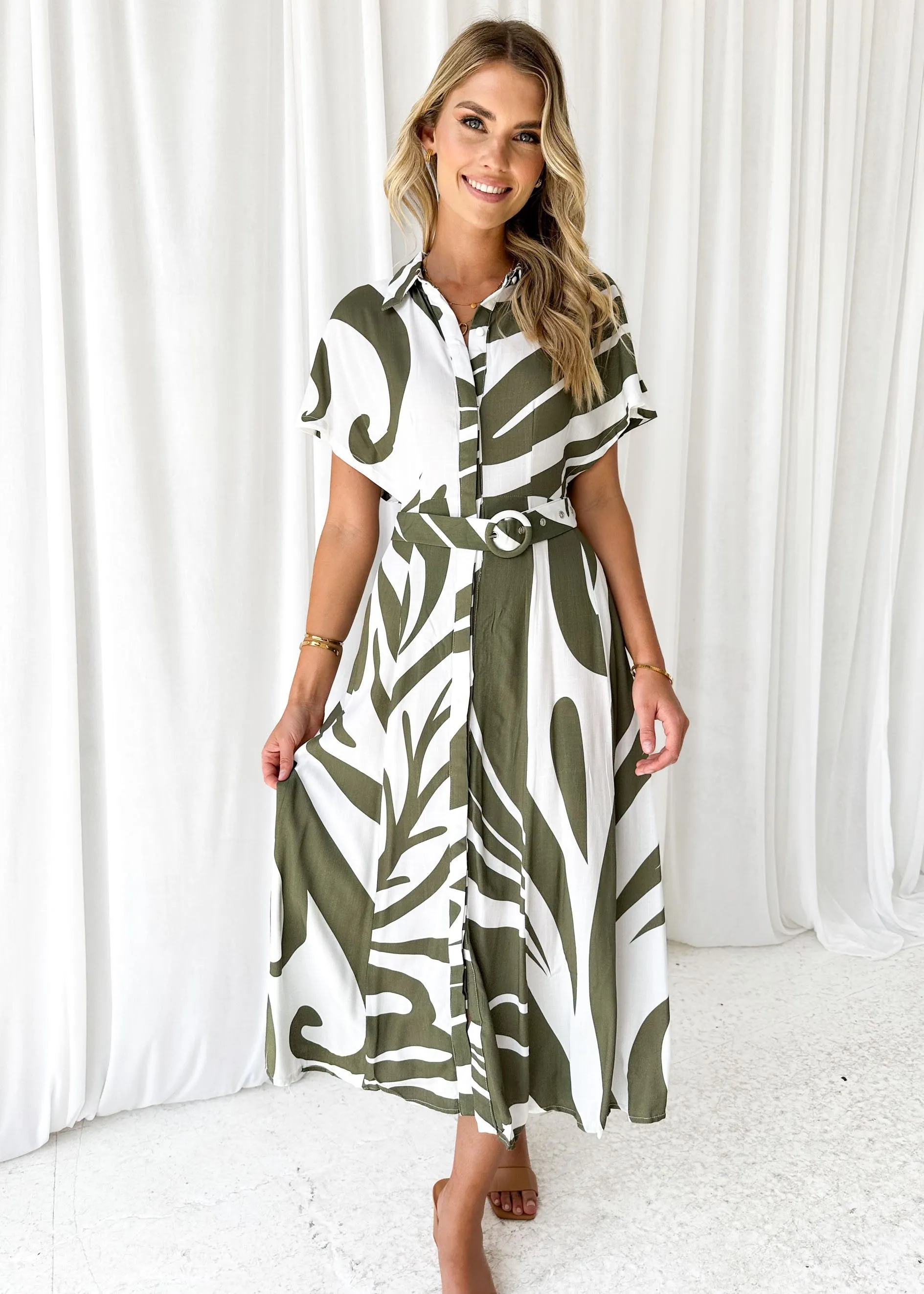 Uyer Midi Dress - Khaki Abstract sold by Gingham & Heels product image thumbnail 3