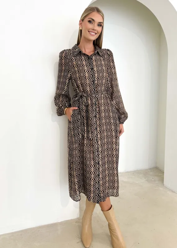 Dakota Midi Dress - Black Aztec sold by Gingham & Heels