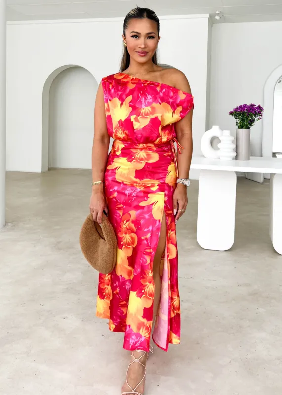 Minso One Shoulder Midi Dress - Magenta Flowers sold by Gingham & Heels