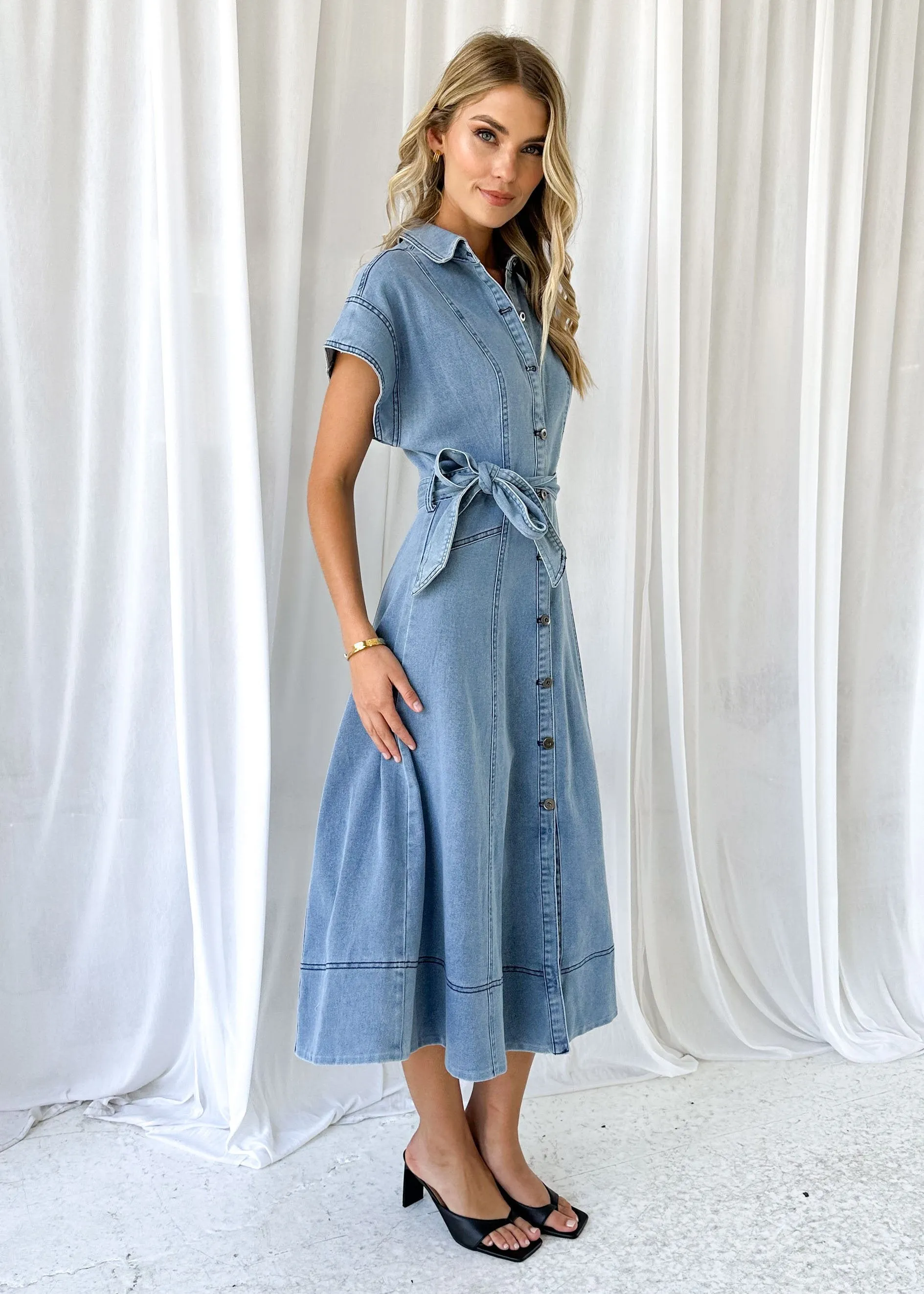 Anam Stretch Denim Midi Dress - Washed Blue sold by Gingham & Heels product image thumbnail 4