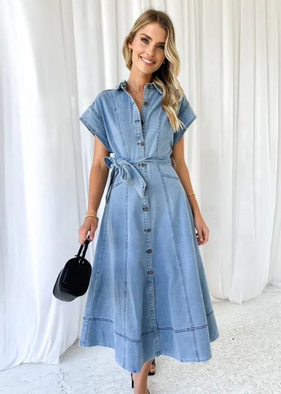 Anam Stretch Denim Midi Dress - Washed Blue sold by Gingham & Heels