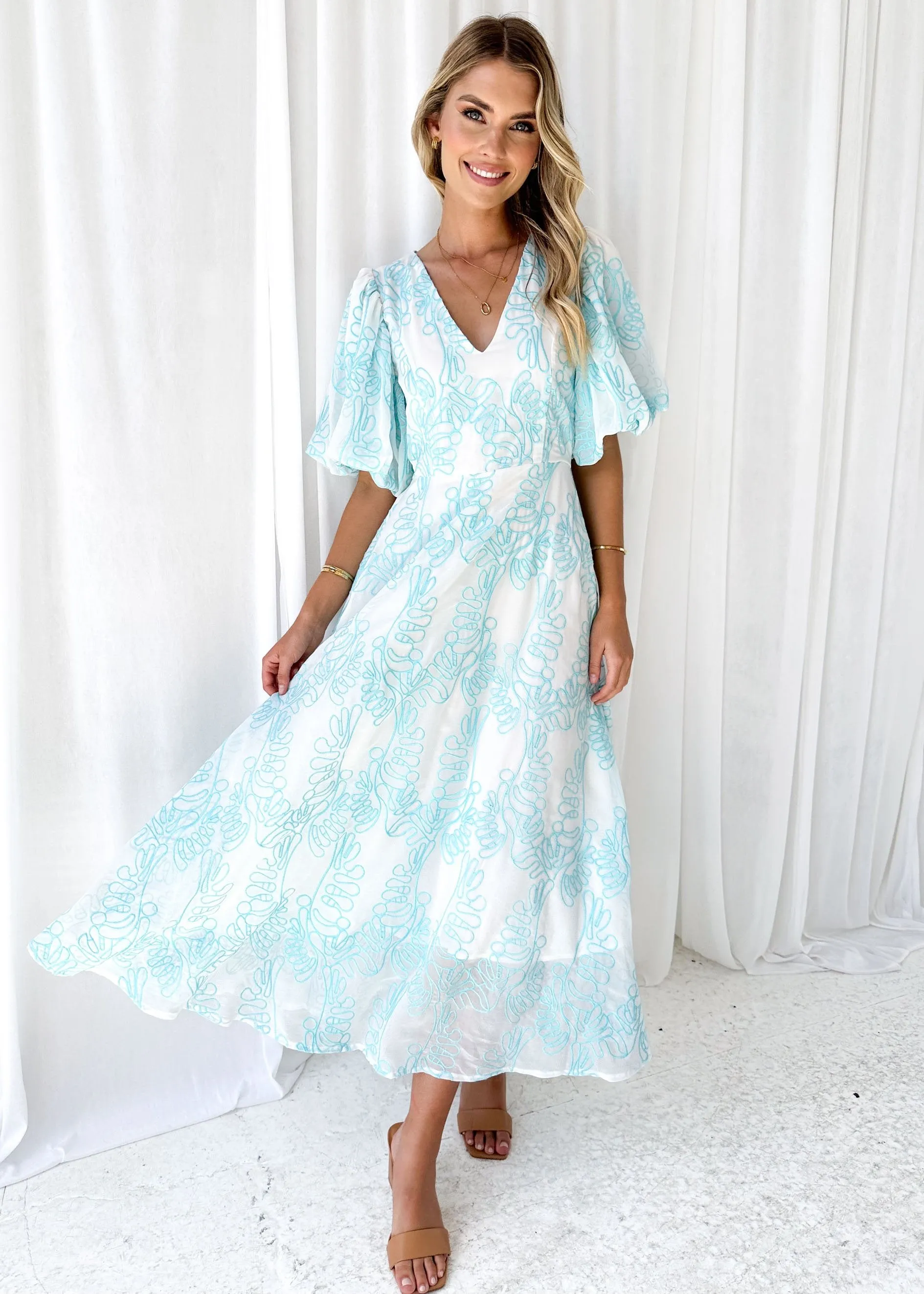 Ninetta Midi Dress - Aqua Embroidered sold by Gingham & Heels product image thumbnail 3