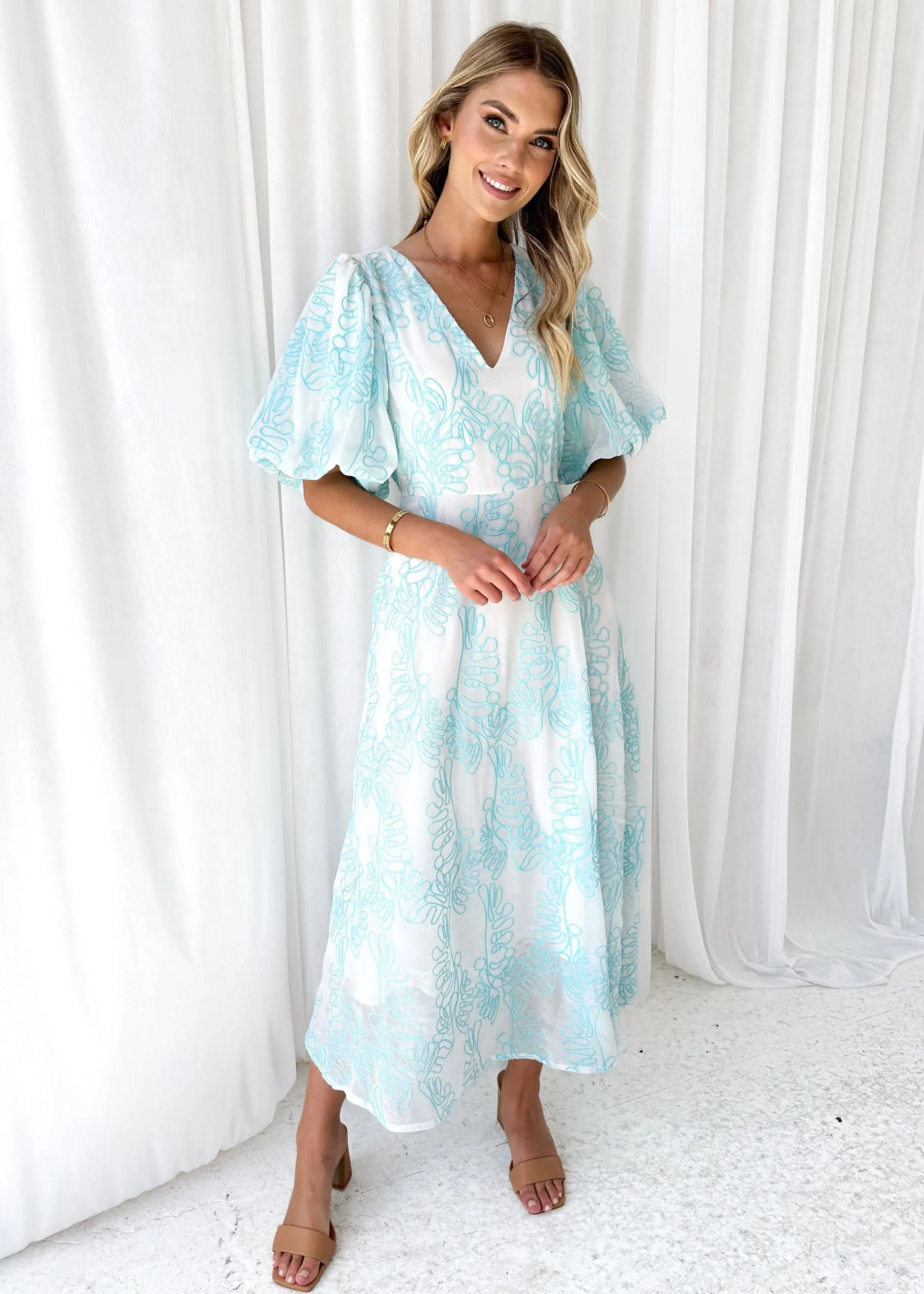 Ninetta Midi Dress - Aqua Embroidered sold by Gingham & Heels product image thumbnail 2
