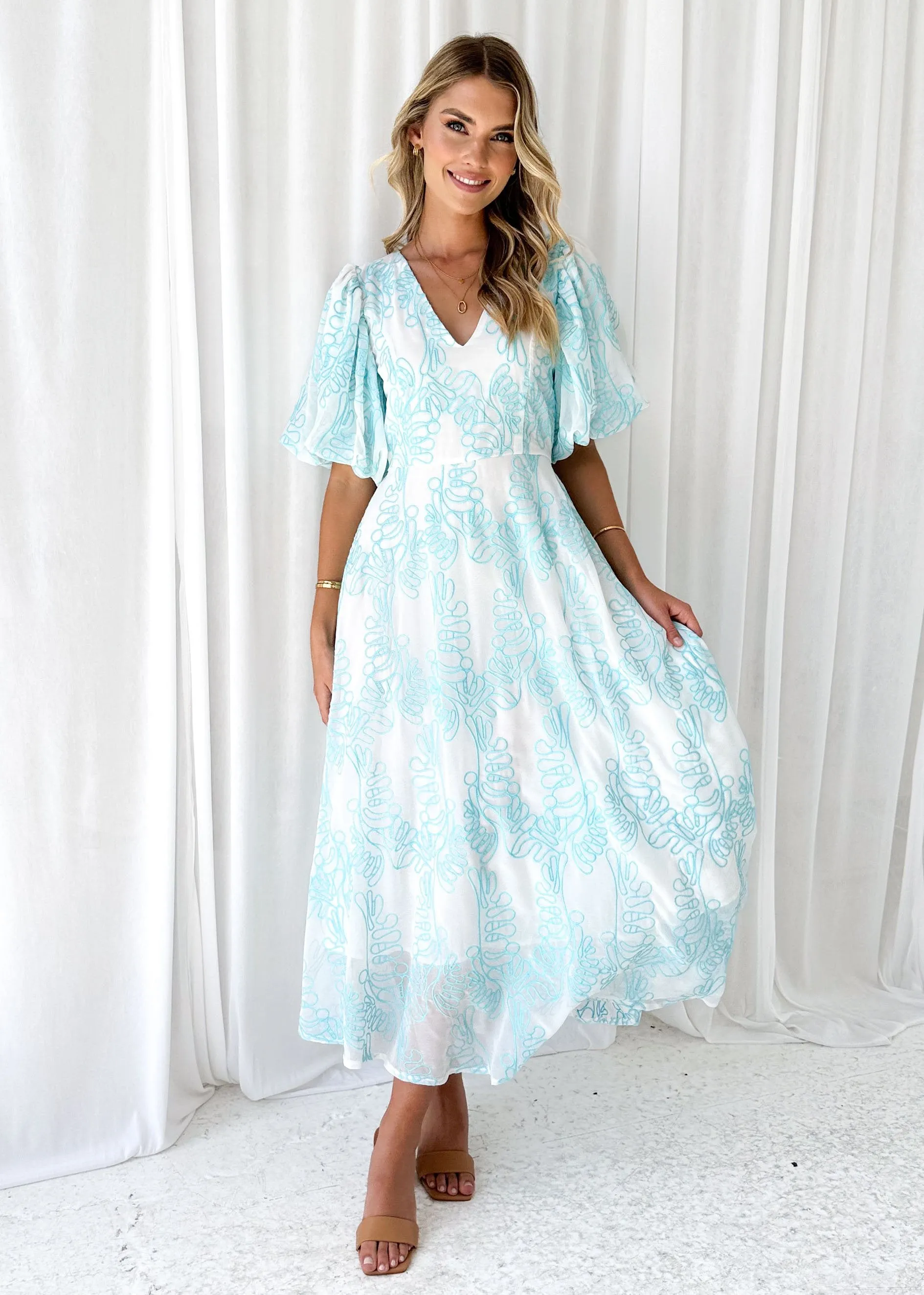 Ninetta Midi Dress - Aqua Embroidered sold by Gingham & Heels