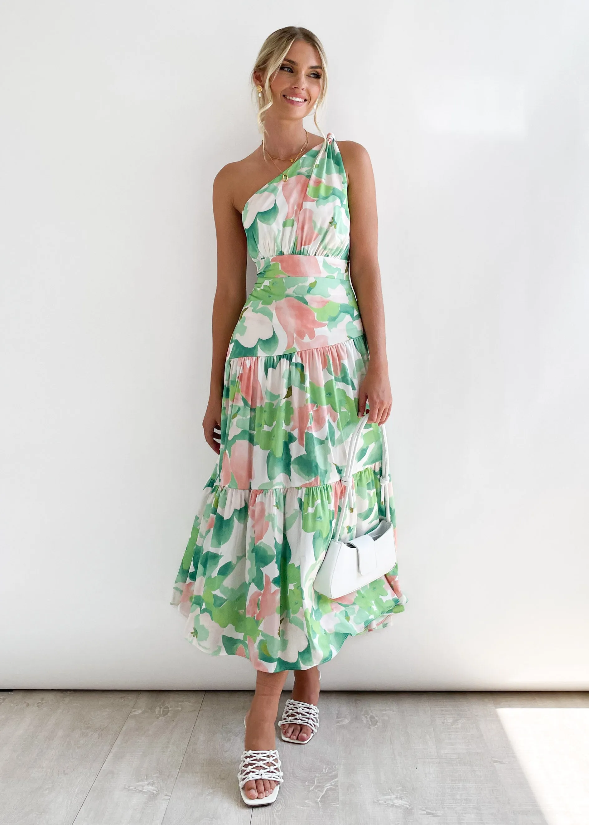Rummi One Shoulder Midi Dress - Green Floral sold by Gingham & Heels product image thumbnail 5