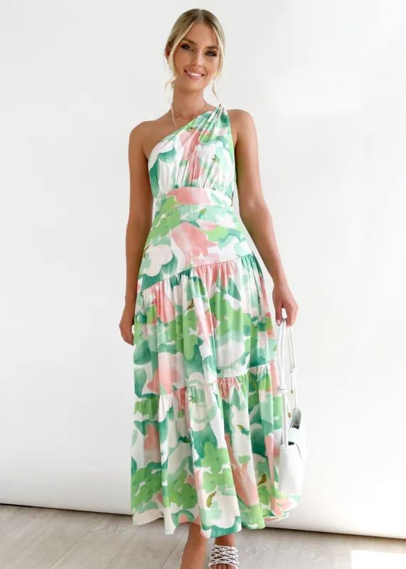 Rummi One Shoulder Midi Dress - Green Floral sold by Gingham & Heels