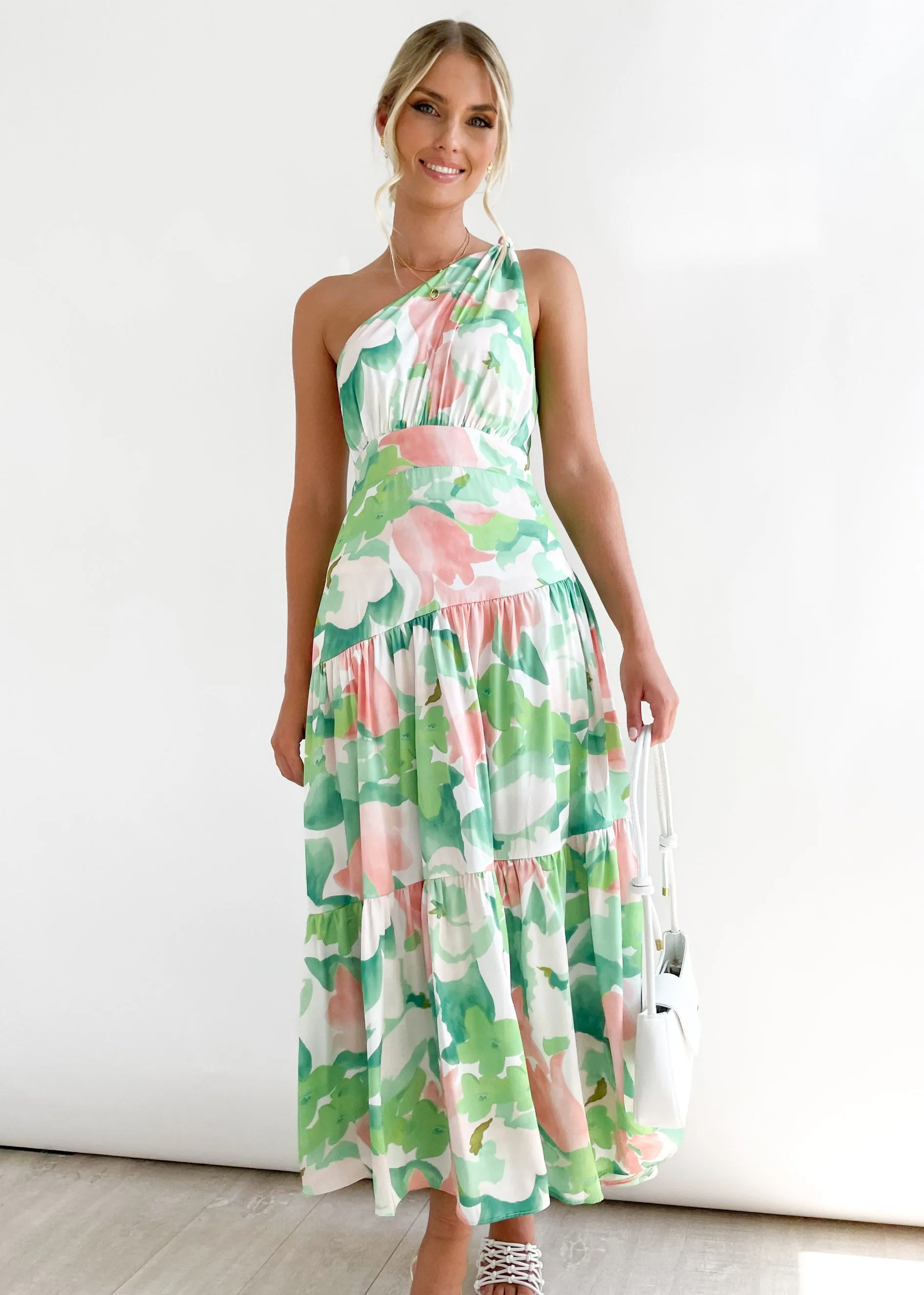 Rummi One Shoulder Midi Dress - Green Floral sold by Gingham & Heels
