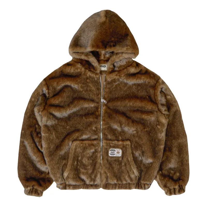 Hooded Faux Fur Jacket - Brown made by Clints