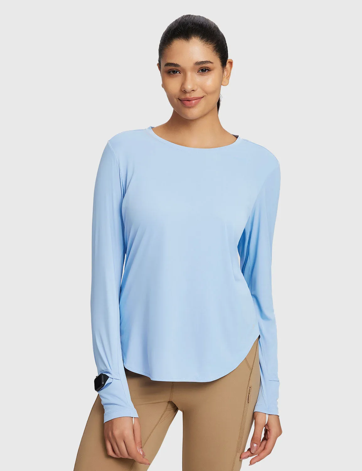 Rounded Hem Slim Crew Neck Long Sleeve sold by Baleaf