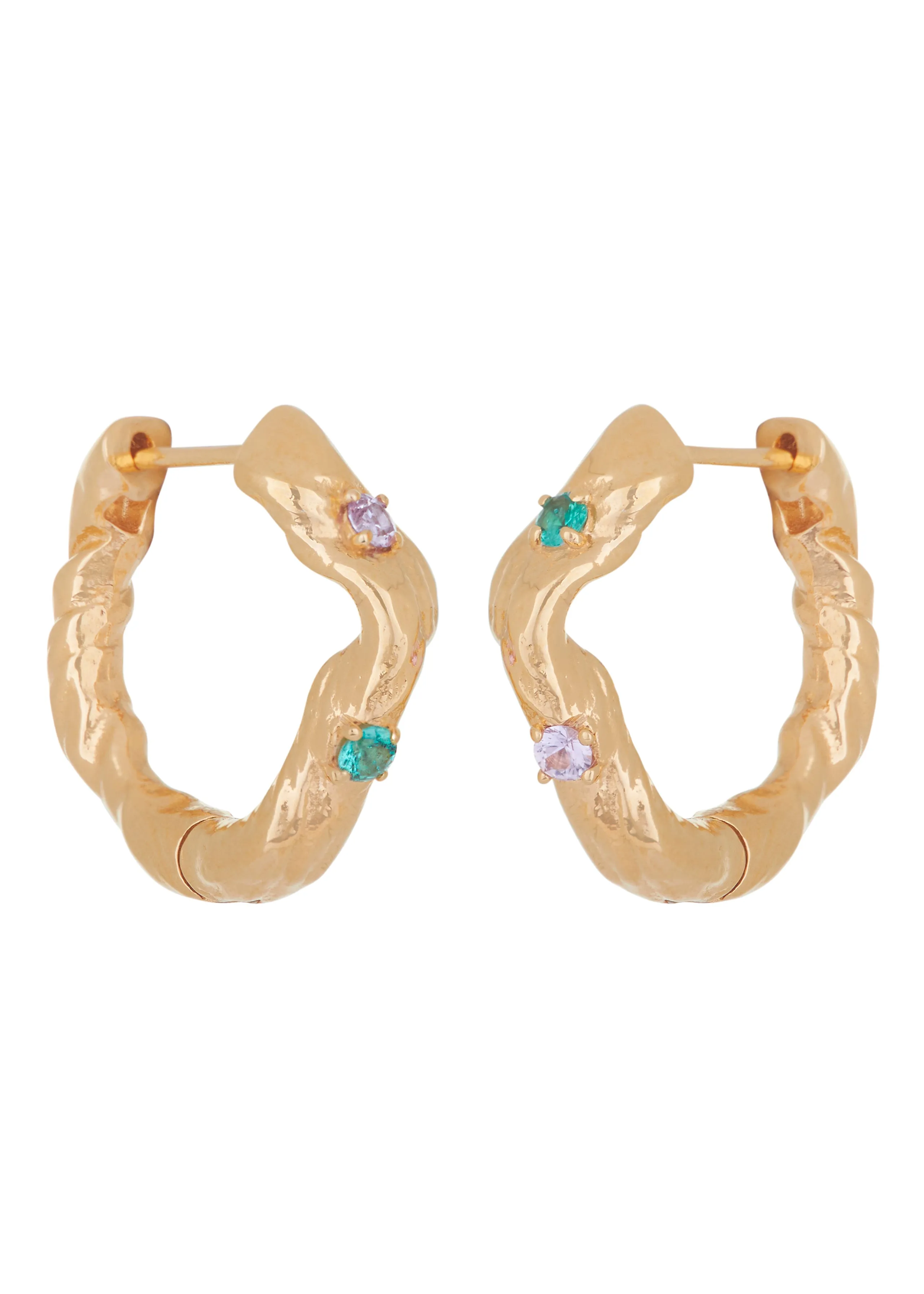 Nan Hoops in Gold - Pink Sapphire/Emerald sold by Mondo Mondo