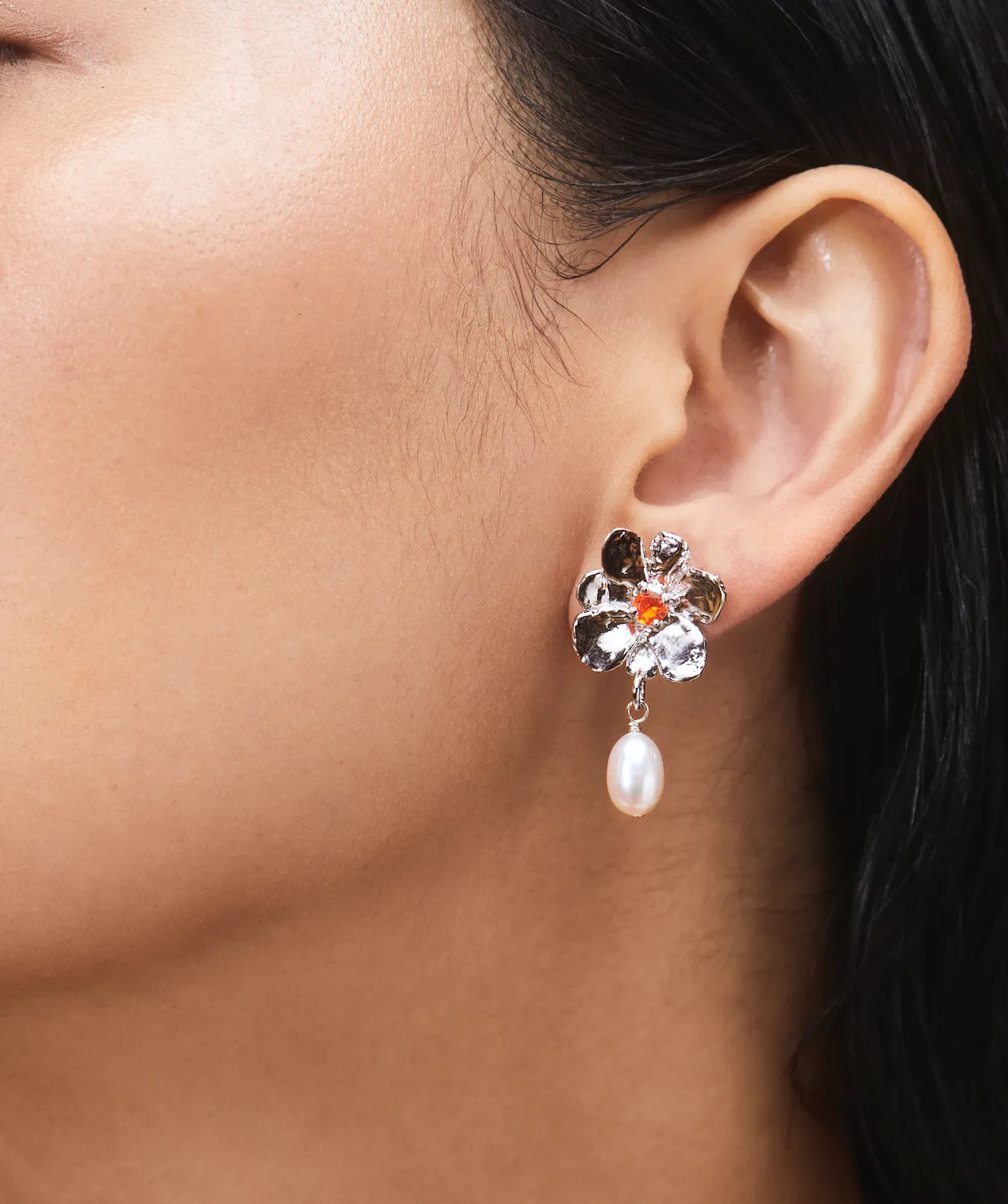 Archive Flower Pearl Drop Earrings in Silver - Fuchsia sold by Mondo Mondo product image thumbnail 3