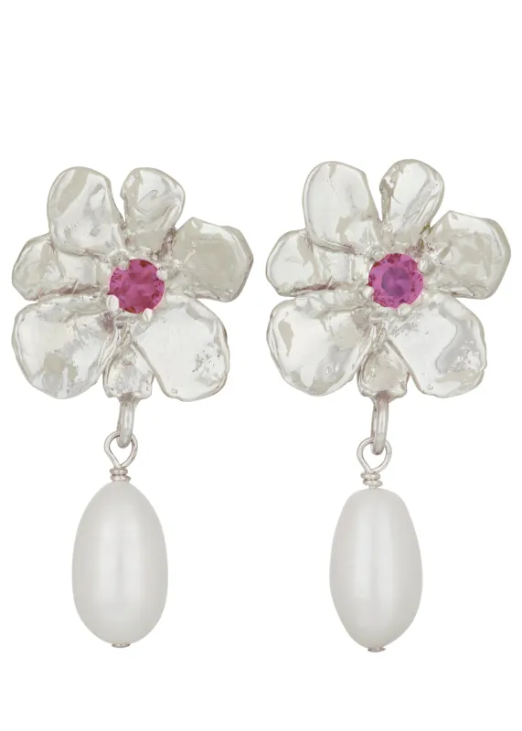 Archive Flower Pearl Drop Earrings in Silver - Fuchsia made by Mondo Mondo