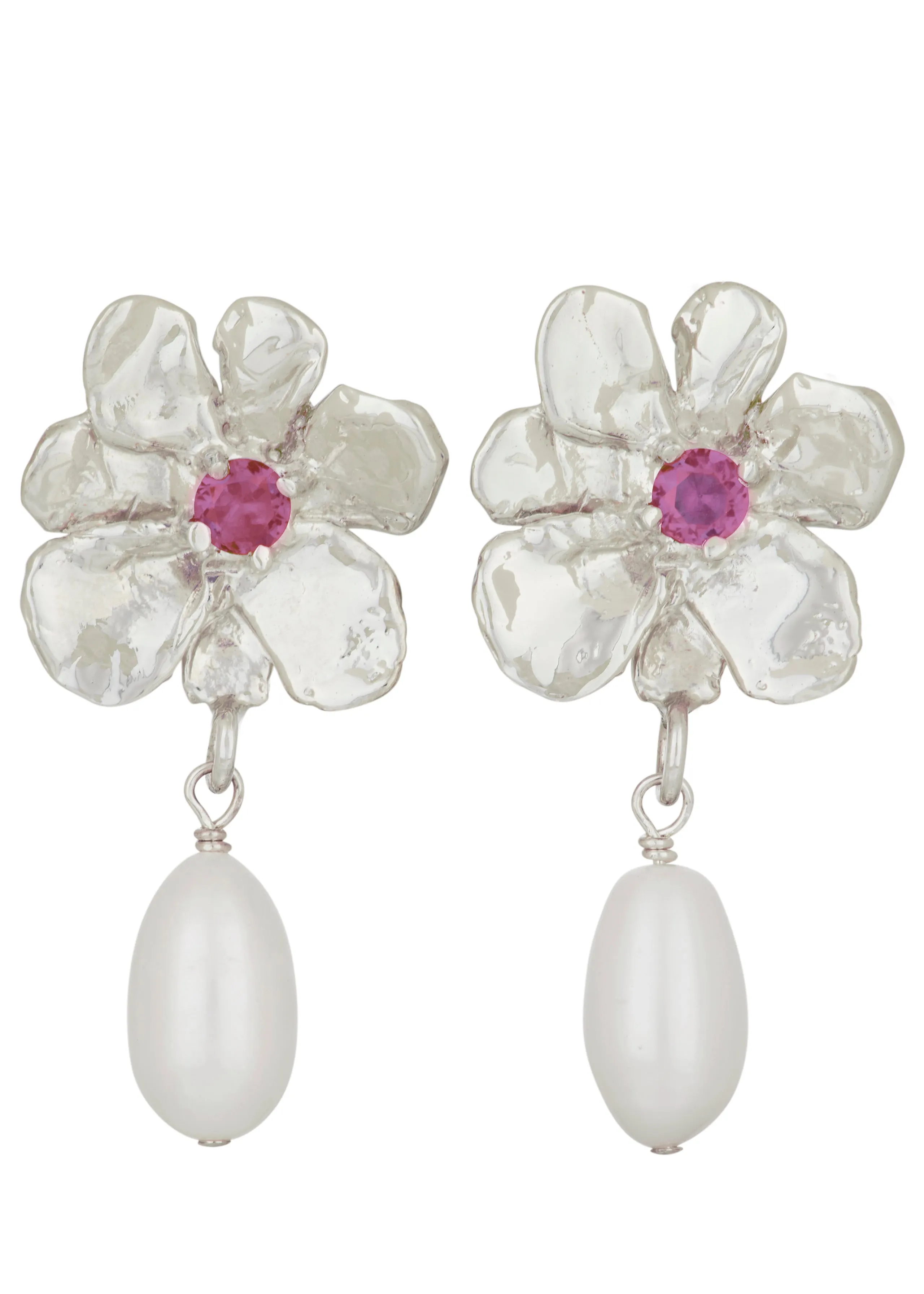 Archive Flower Pearl Drop Earrings in Silver - Fuchsia sold by Mondo Mondo