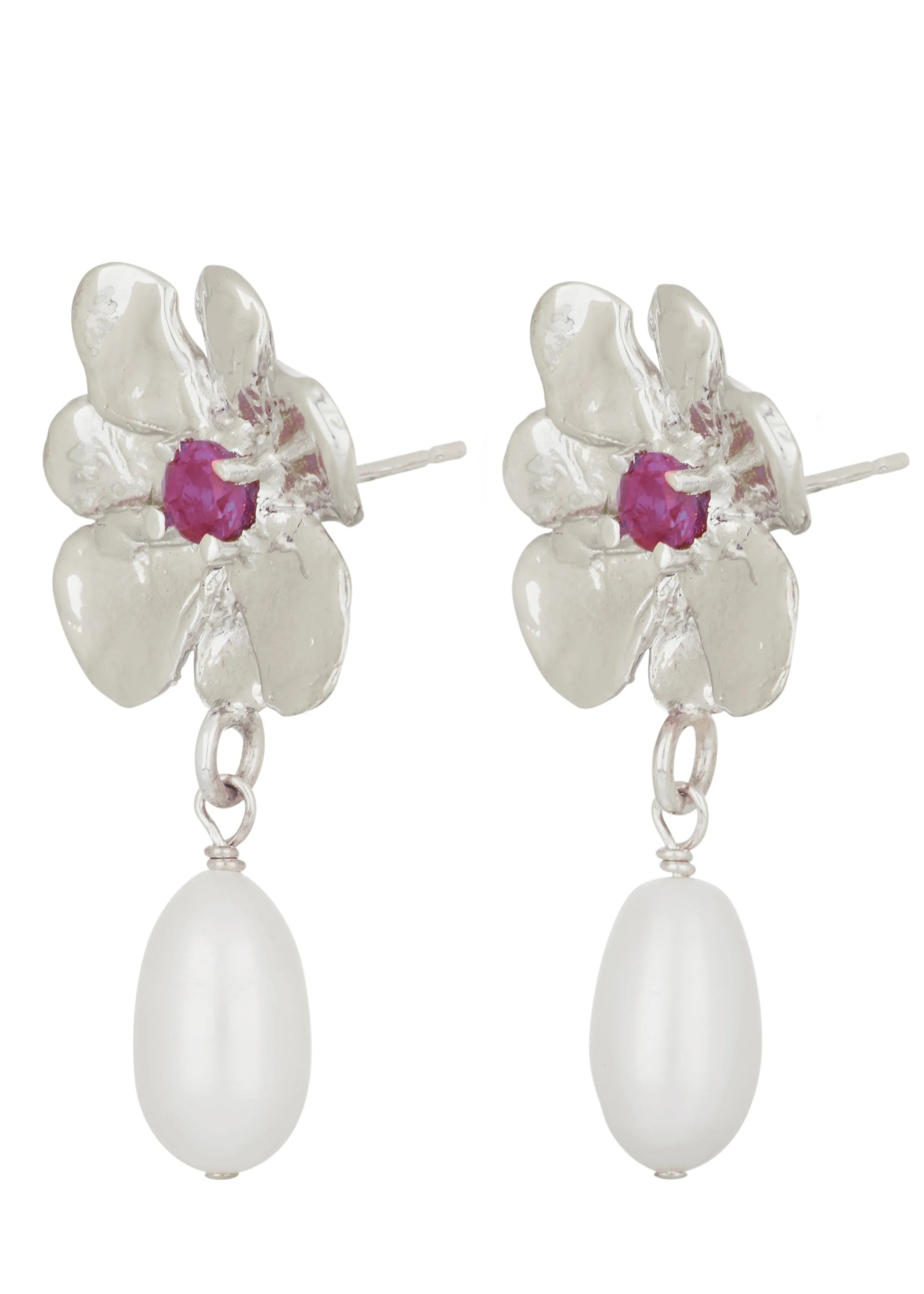 Archive Flower Pearl Drop Earrings in Silver - Fuchsia sold by Mondo Mondo product image thumbnail 2