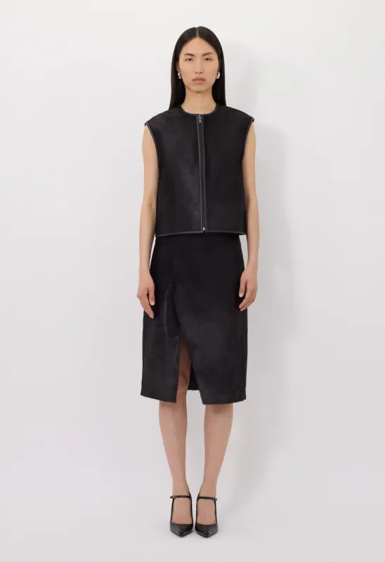 MYRA Asymmetrical pony-effect leather skirt made by Loulou De Saison