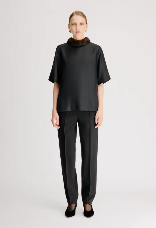 DANA Faux fur collar silk twill top made by Loulou De Saison
